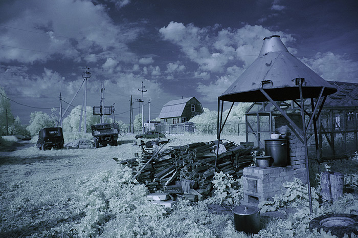 деревенское ИК infrared, деревня, дом, ИК, небо