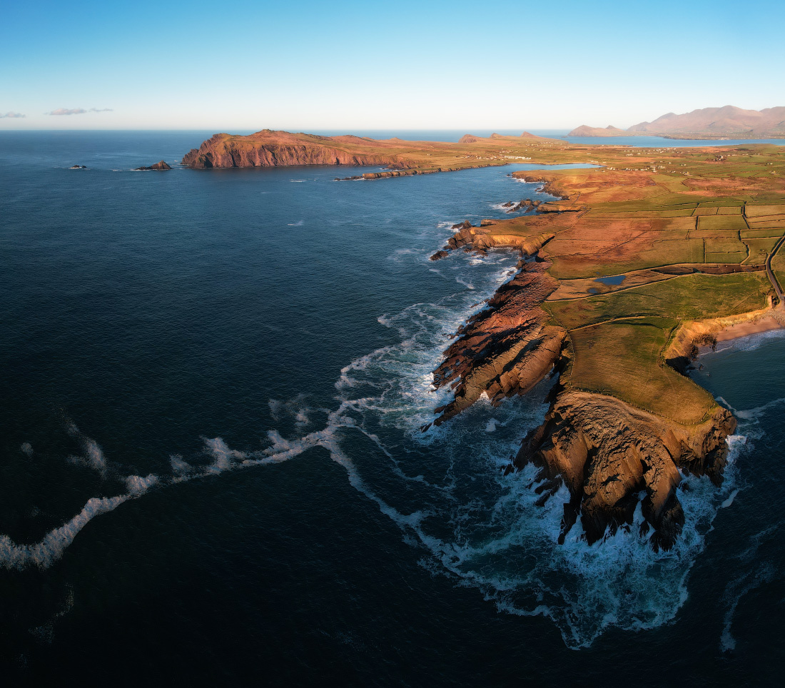 ...above Dingle coast... ireland nature outdoors scenic kerry dingle peninsula way wild atlantic coast coastal shore shoreline rocks cliffs ocean three sisters drone aerial from above picturesque awesome sunset europe