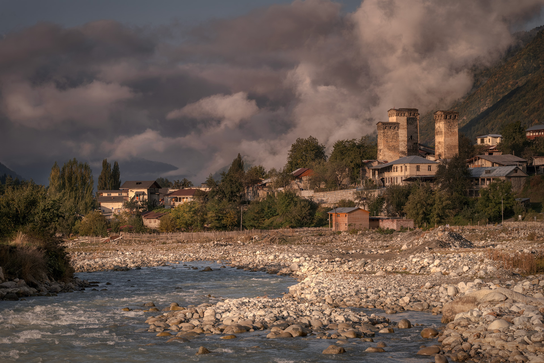 Autumn Morning In Mestia svaneti mestia towers morning mountain clouds sky autumn fall high landscape scenery travel outdoors georgia sakartvelo chizh