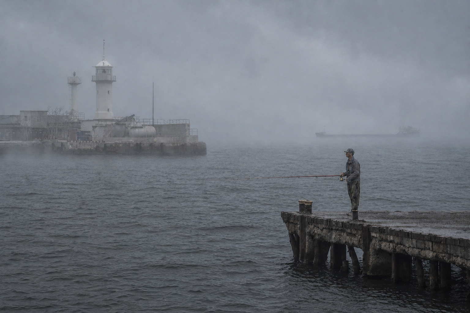 "Там, где море молчит" порт туман море рыбак пирс маяк тяжёлая вода серое утро холод одиночество морской минимализм