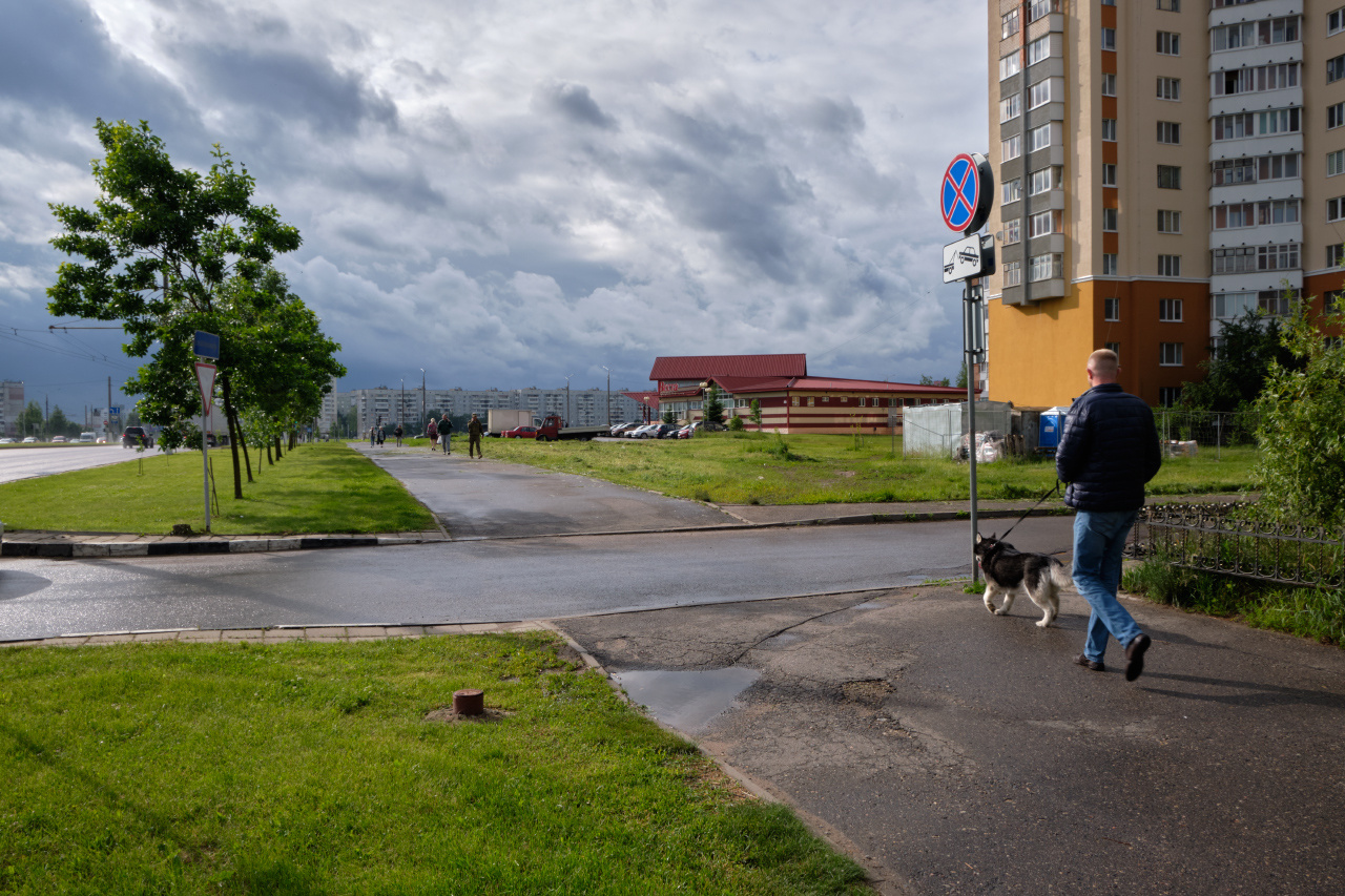 Переменная облачность улица тротуар люди дома деревья небо облака собака