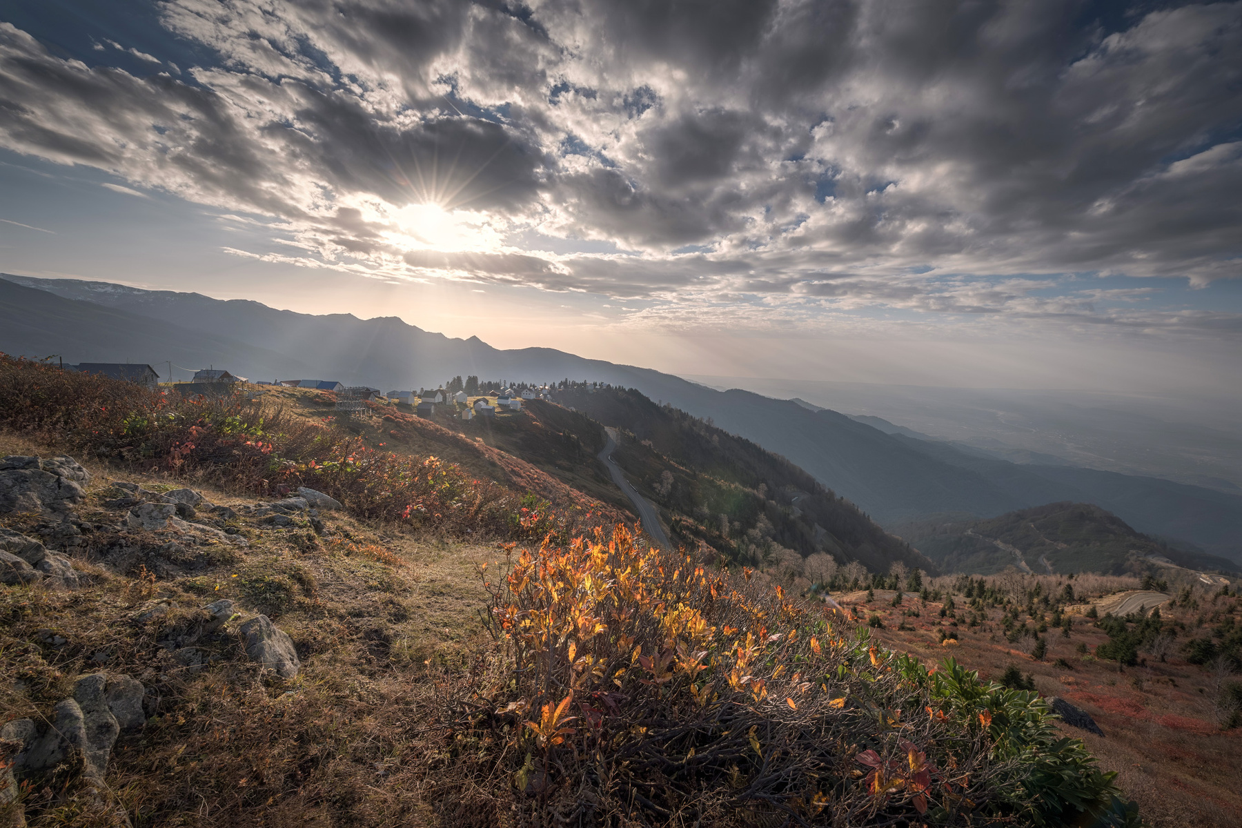 Autumn Colors On Gomis Mta gomismta mountain autumn settlement red yellow leaves clouds sky rocks road light sun nature landscape scenery travel outdoors georgia guria sakartvelo chizh