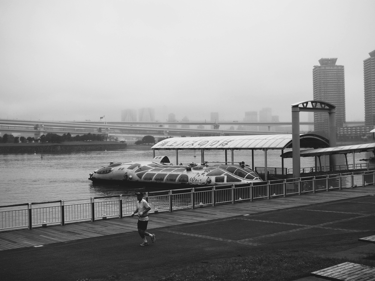 Летняя пробежка Tokyo Japan Odaiba Rainbow Bridge Токио Токийский залив искусственный остров Радужный мост бег трусцой спорт лето дождь дымка судно HIMIKO