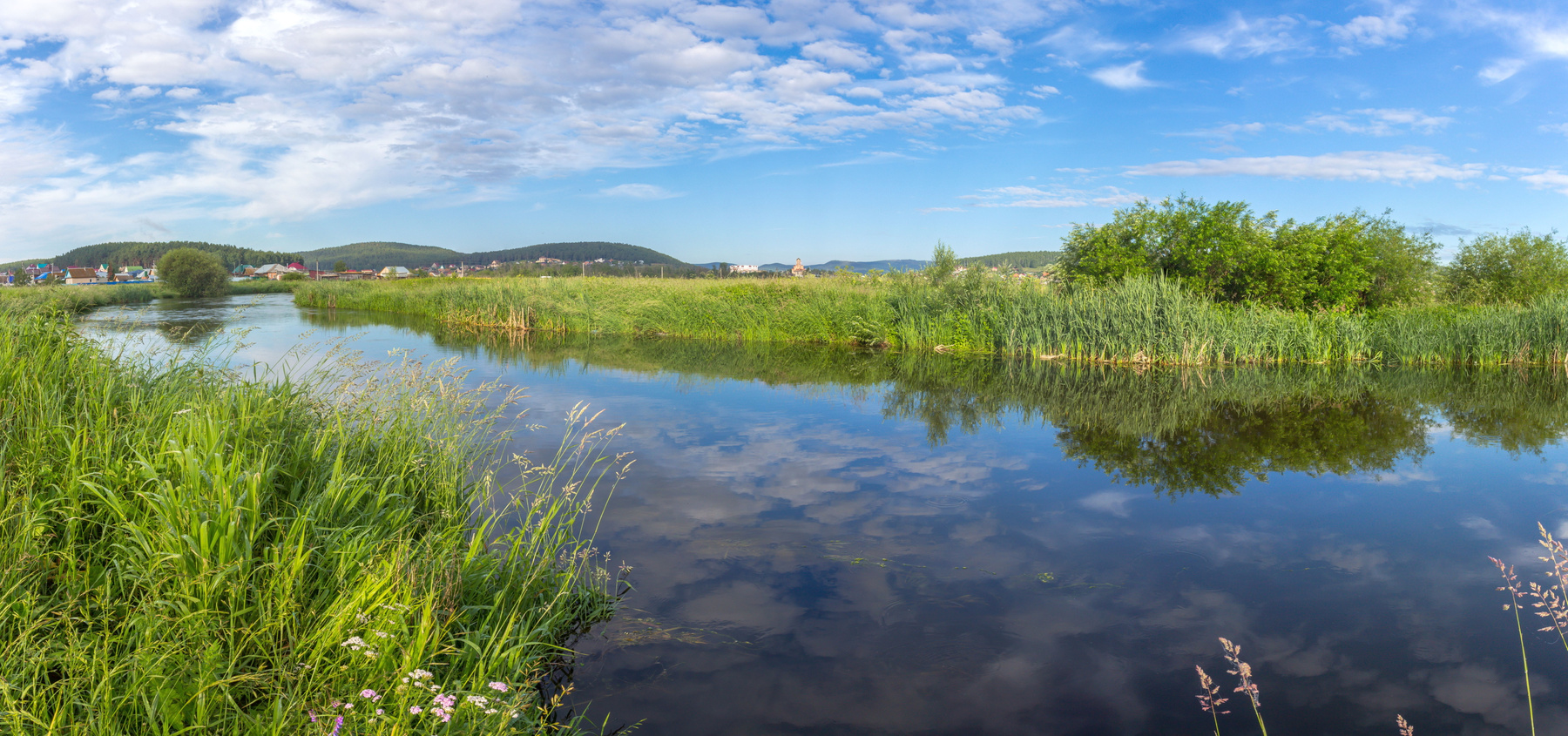 Летнее утро на реке Миасс. г. Миасс, Машгородок (панорама). Южный Урал Миасс Машгородок Природа Лето