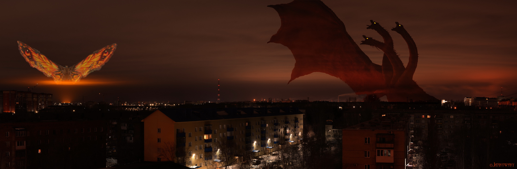 Пришествие  Кайдзю !  Битва  за ЭтотгородЪ! годзилла гедора монстры город ад нефтезавод свечение ночной пейзаж омск