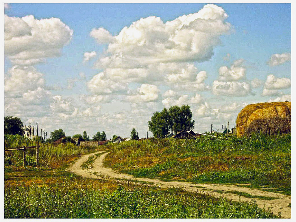 Акварель село Калаис дорога стога небо