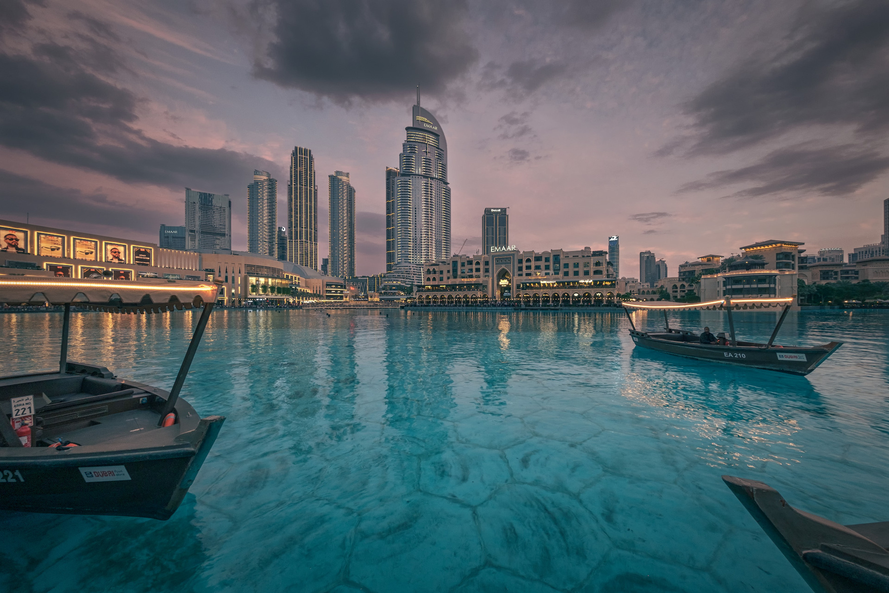 Boats In Burj Khalifa Lake dubai downtown boats abra arabian skyscrapers illumination lights water reflection landscape cityscape sky scenery travel outdoors uae chizh