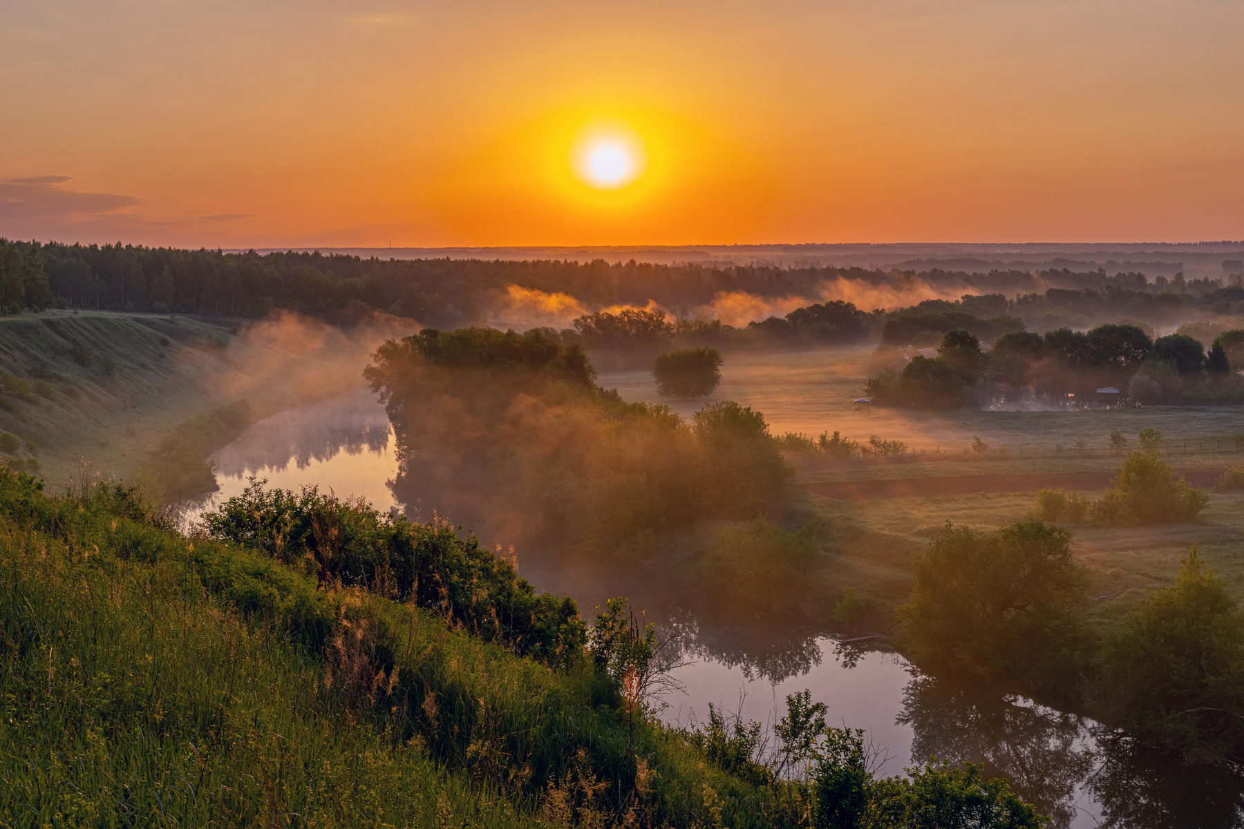 *** пейзаж восход туман река село