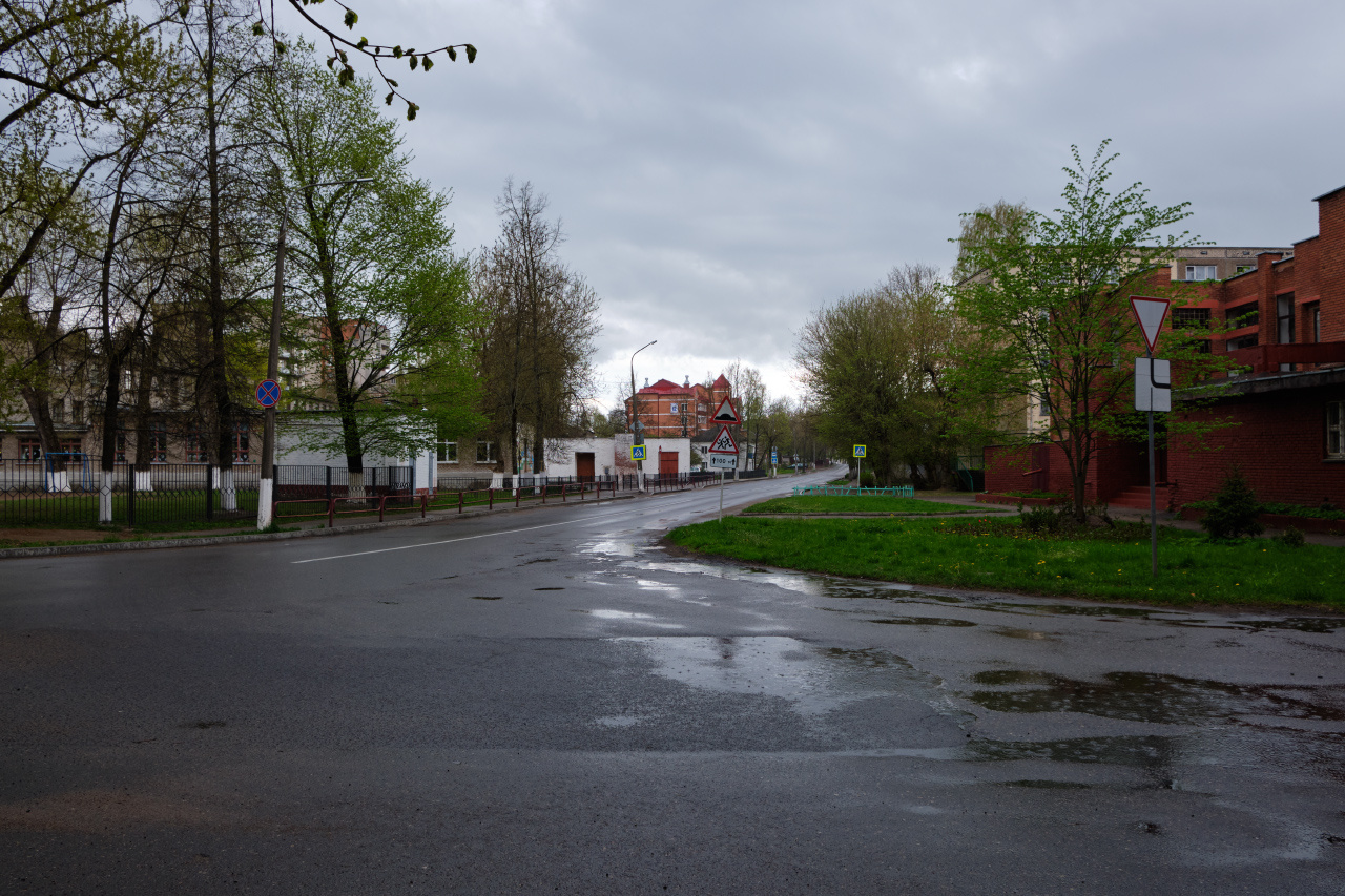 Улица, дождь улица дождь асфальт лужи здания деревья
