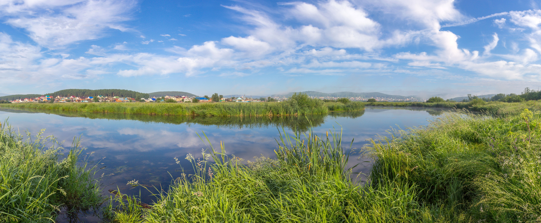 Летнее утро на реке Миасс. г. Миасс, Машгородок (панорама). Южный Урал Миасс Машгородок Природа Лето