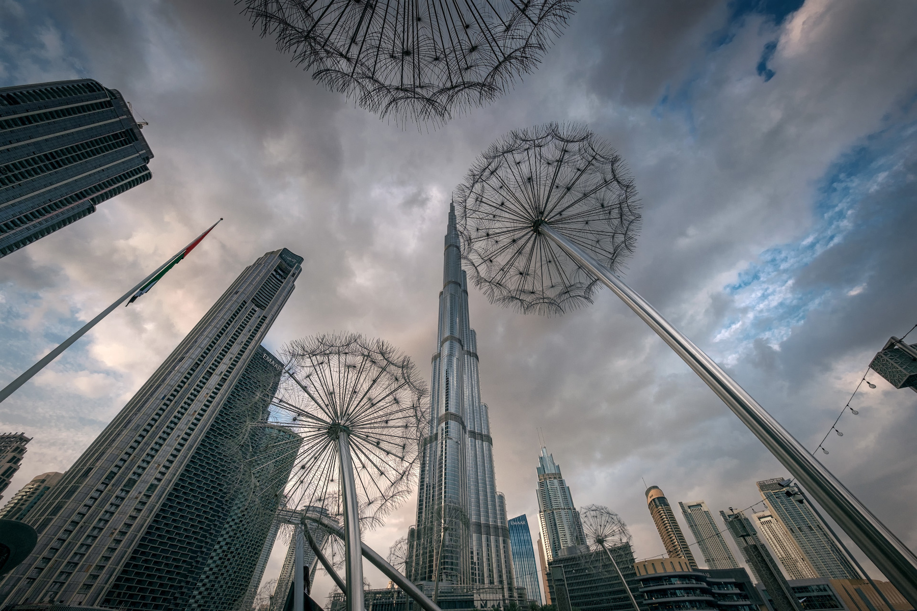 Dubai Dandelions At Cloudy Winter Day BurjPark BurjKhalifa dandelion arabian skyscrapers day cloudy dubai landscape cityscape scenery travel outdoors uae chizh