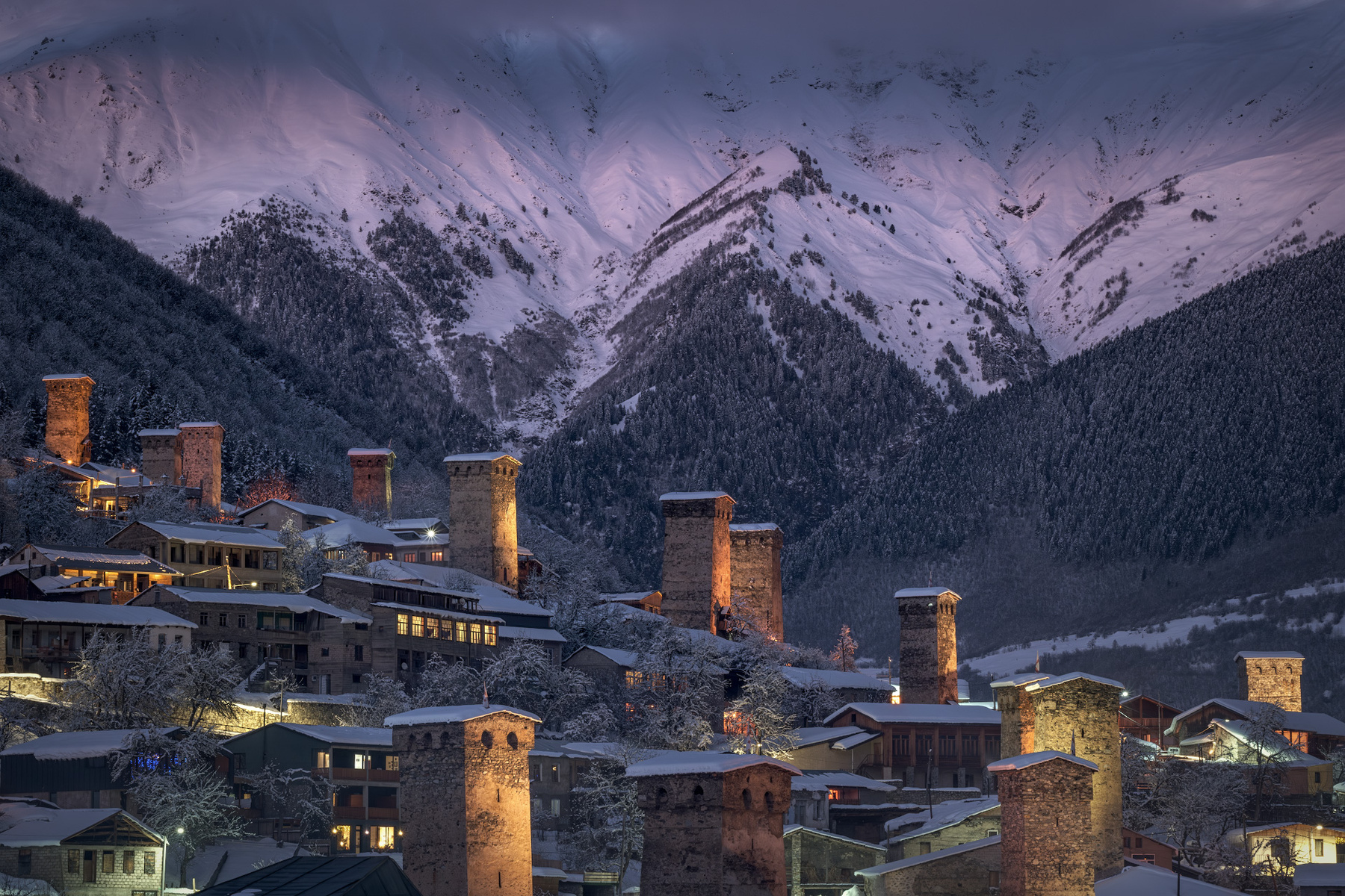Night Comes To Mestia svaneti mestia night lights towers winter twilight mountains clouds sky high landscape scenery travel outdoors georgia sakartvelo chizh