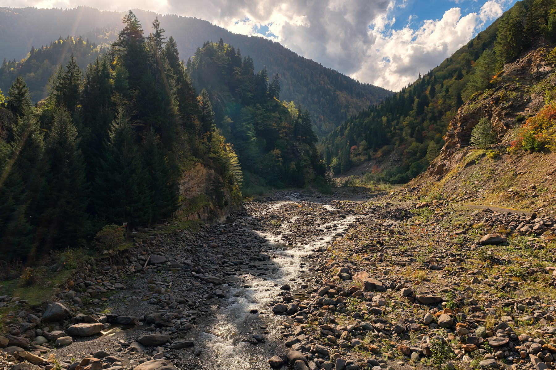 Devashi River In Autumn svaneti devashi river fall autumn trees mountains rocks sun clouds sky nature landscape scenery travel outdoors georgia sakartvelo chizh