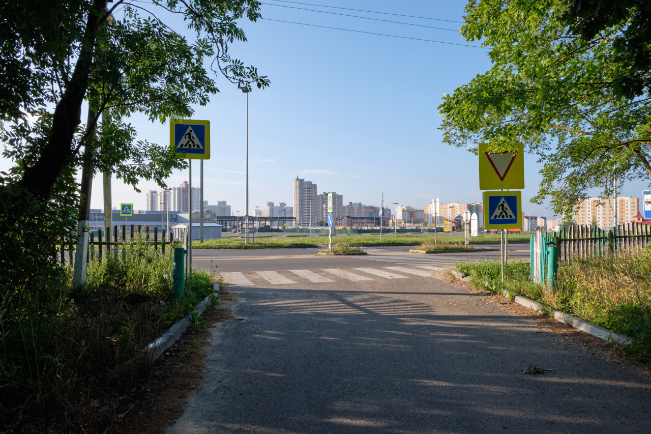 Город-сказка утро улица деревья знаки дорога город