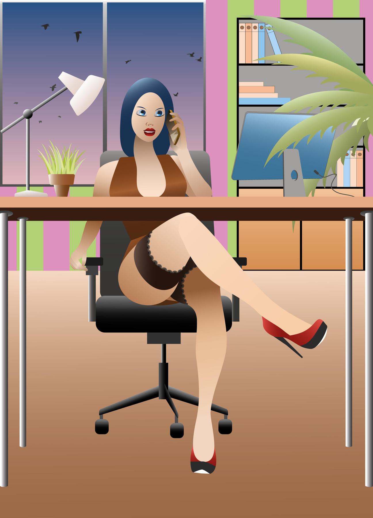 Girl secretary at the table. business secretary female office adult attractive businesswoman sexy young fashion lady pretty job sitting work elegant laptop workplace girl woman desk beauty illustration vector person employee employment professional computer face modern phone