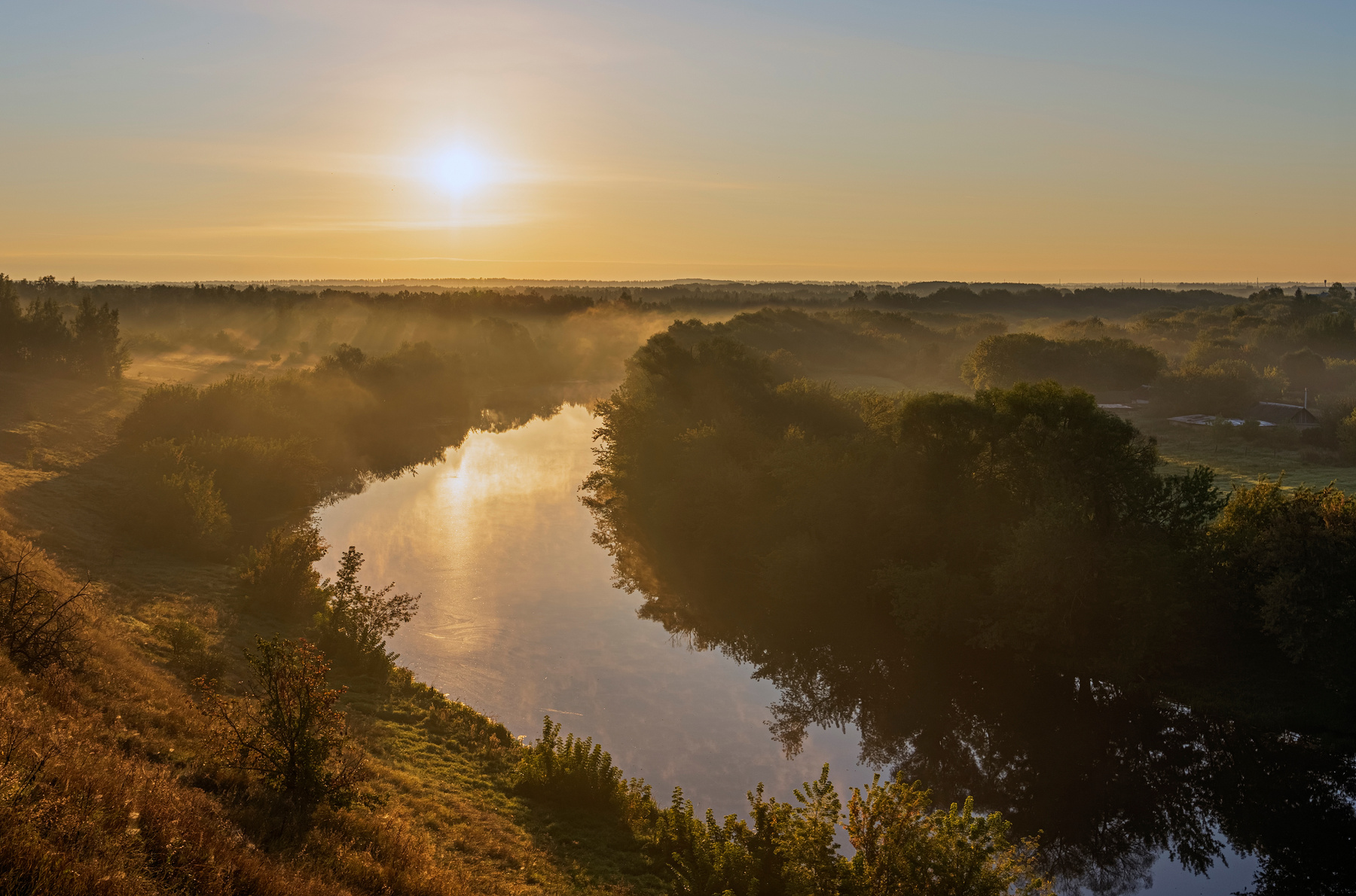 *** пейзаж восход туман село река
