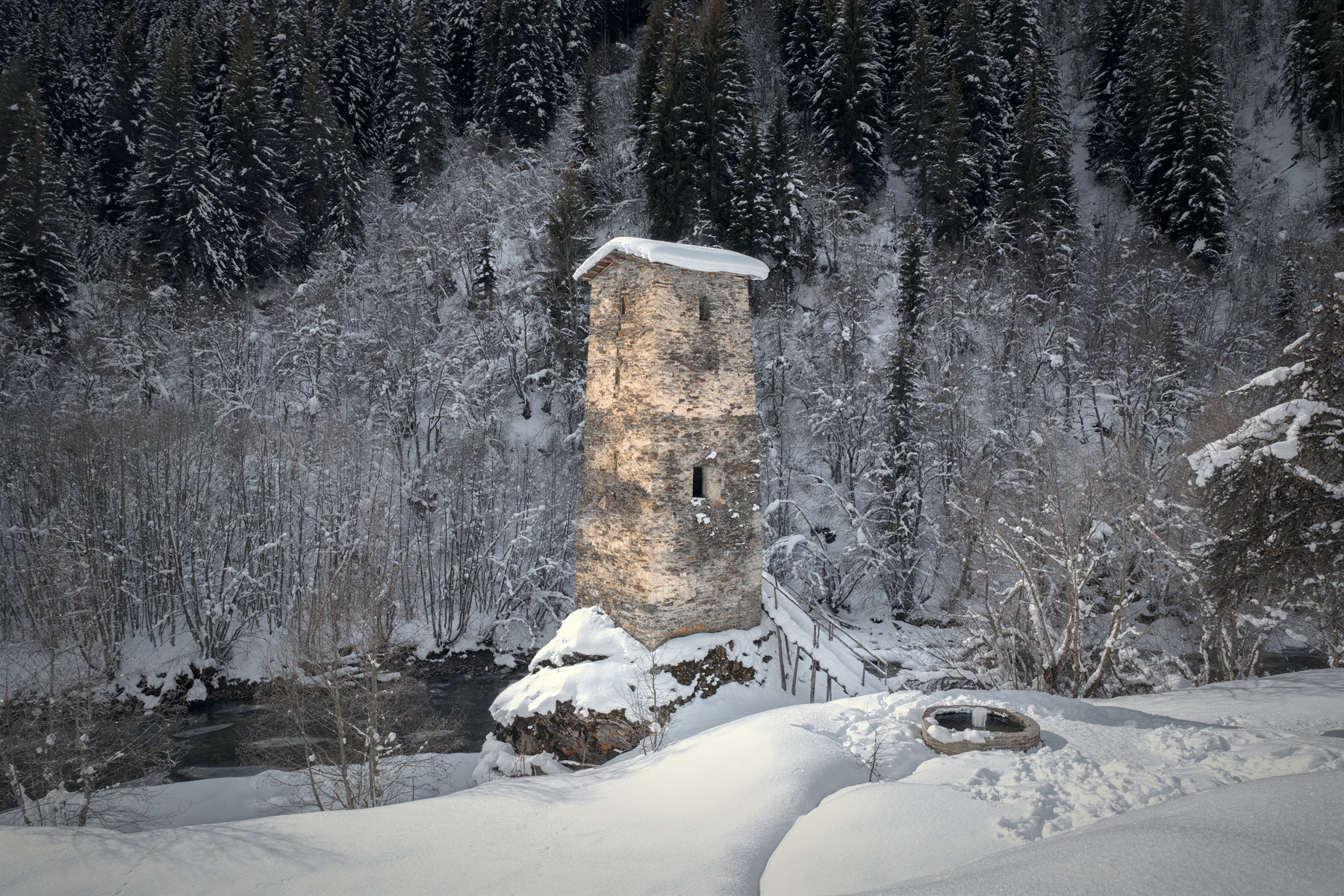 Swan Tower Of Love svaneti tower lovetower snow snowfall winter january river inguri mountains nature high landscape scenery travel outdoors georgia sakartvelo caucasus chizh