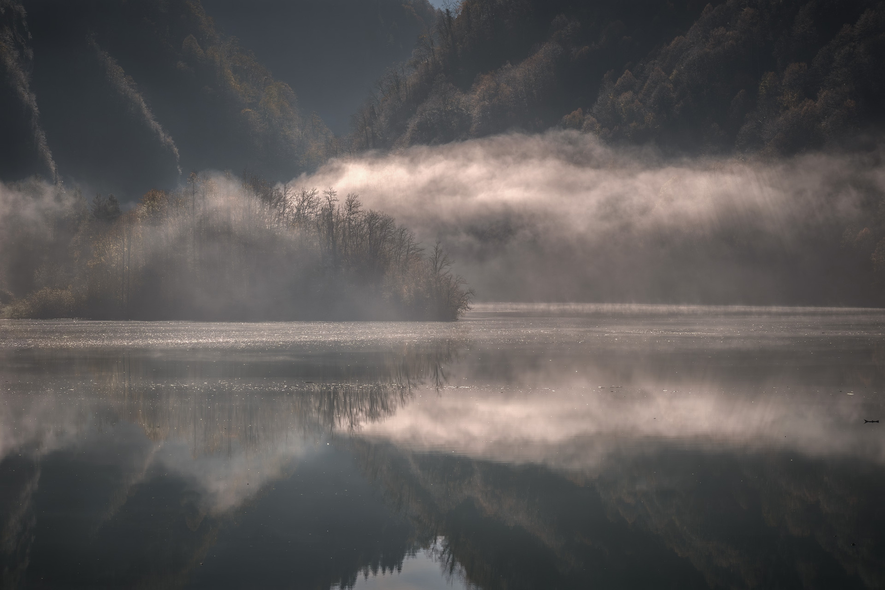Island Of Fog Over Lajanura River lajanuri river valley reservoir fog mist mountain autumn clouds nature landscape scenery travel outdoors georgia svaneti racha sakartvelo chizh