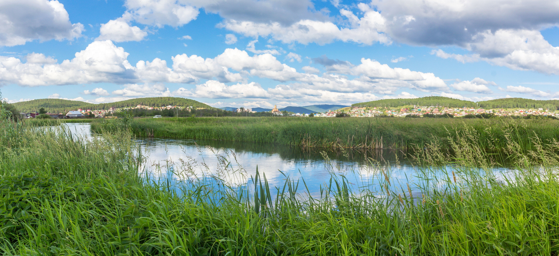 Летнее утро на реке Миасс. г. Миасс, Машгородок (панорама). Южный Урал Миасс Машгородок Природа Лето