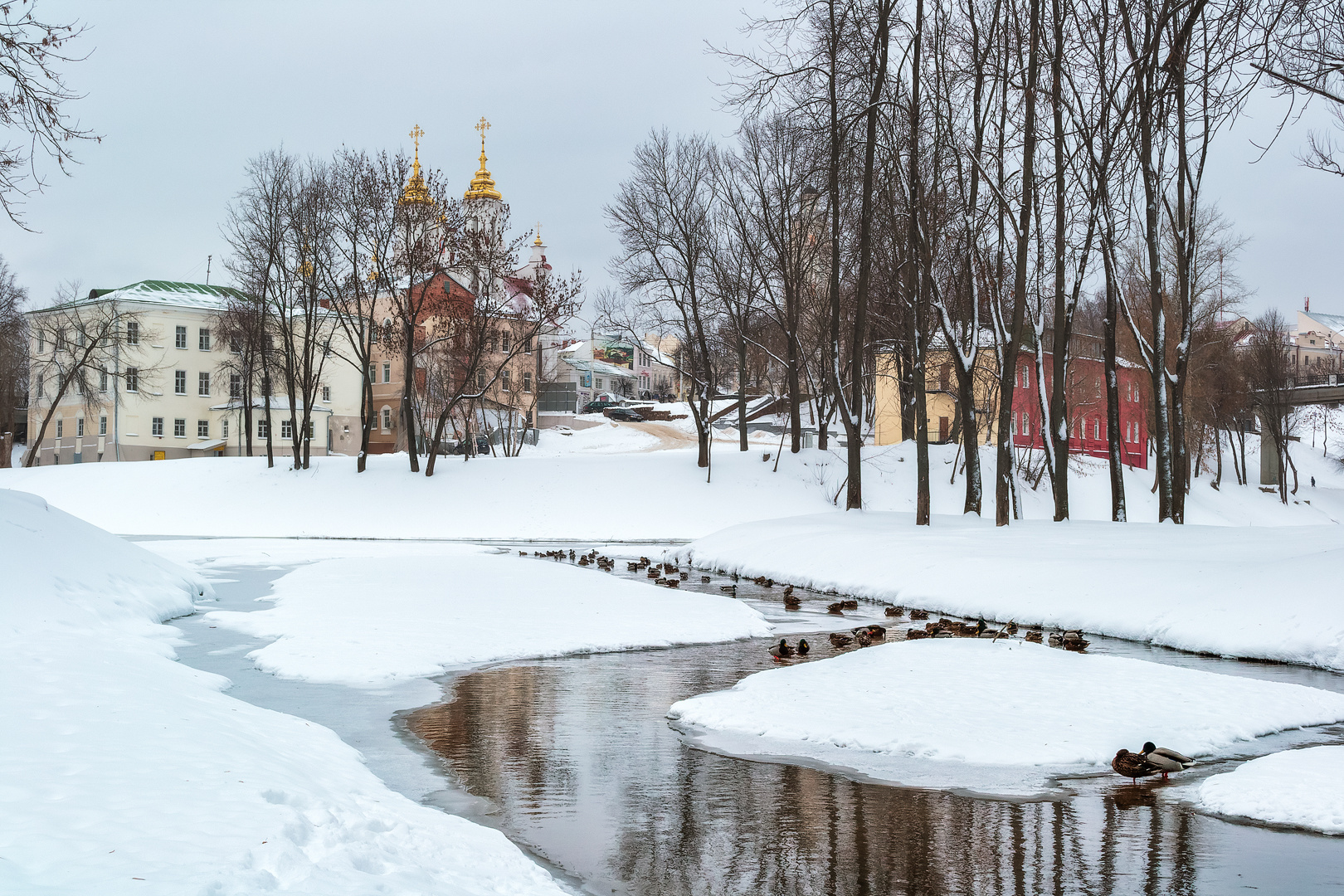Городская пастораль город церковь утки река