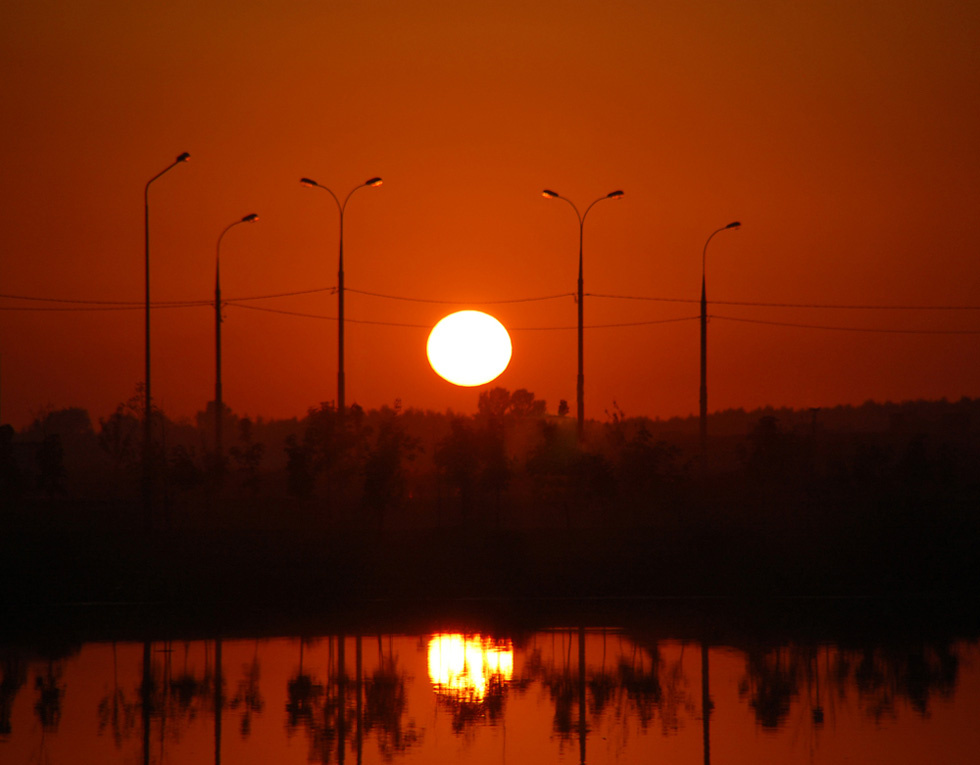 городской закат закат, фонари