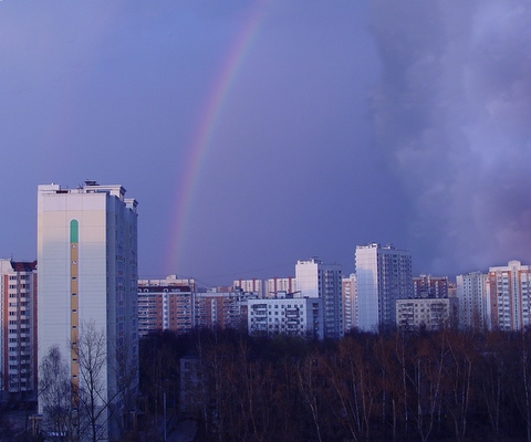 после дождя город, радуга, пейзаж, природа