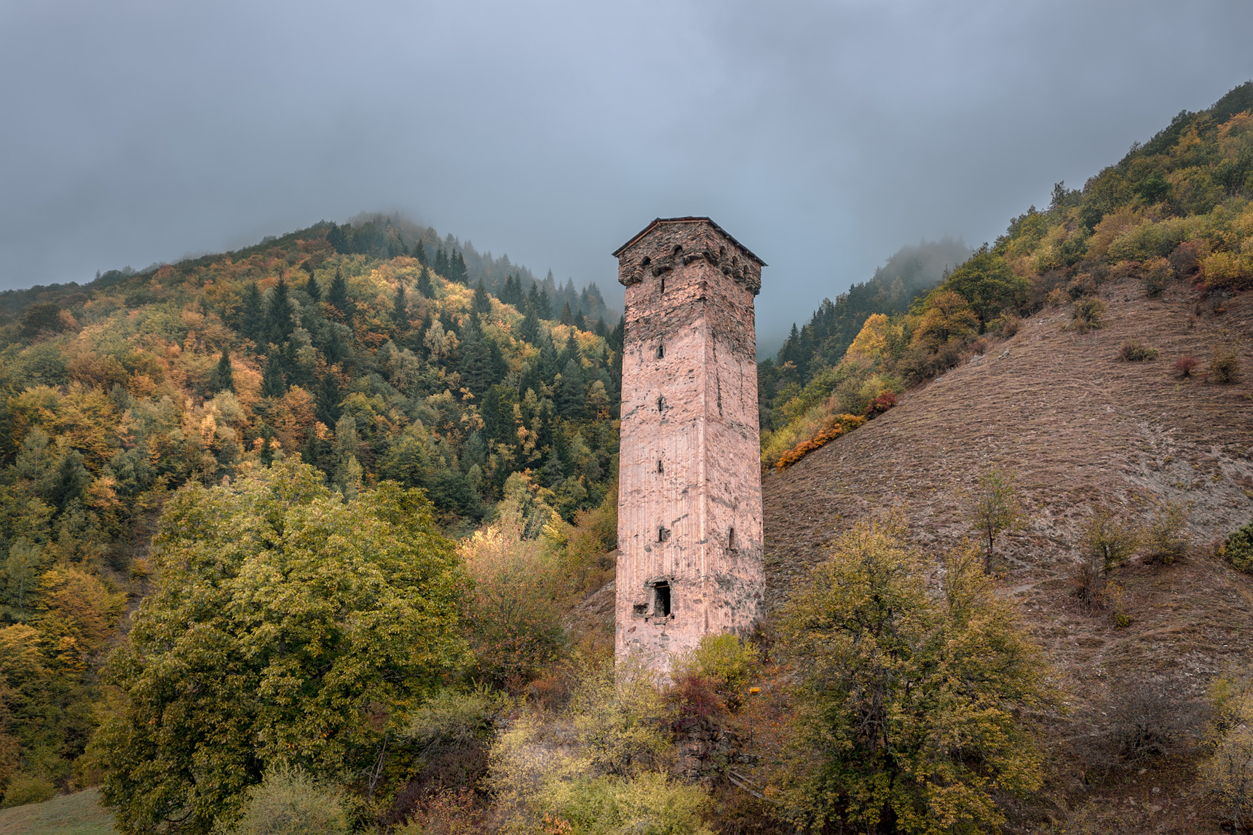 Autumn In Land Of Towers svaneti mestia tower autumn morning mountain clouds sky fall high landscape scenery travel outdoors georgia sakartvelo chizh
