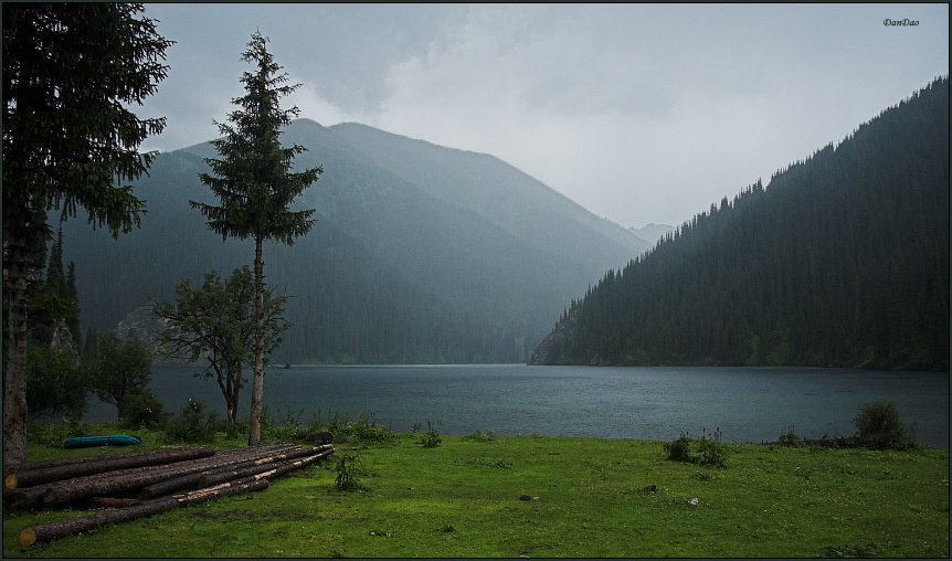 дерево, озеро, ДЕВУШКИ НЕТ #4 (или одинокая лодка в дождь) дерево озеро горы кульсай дождь лодка девушки нет :)