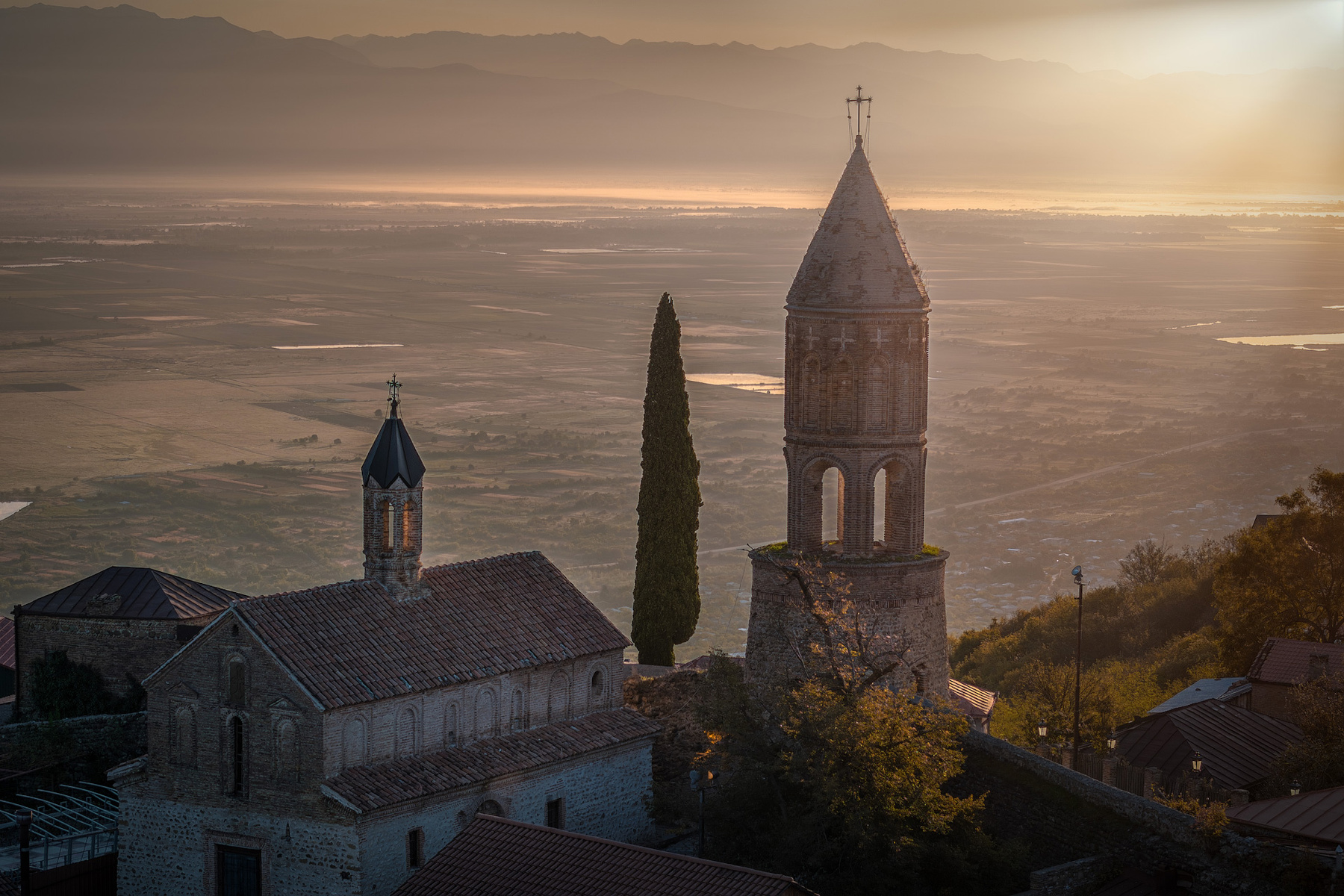 Sunrise Over St. George basilica In Sighnaghi sighnaghi church basilica morning sunlight kakheti valley landscape citiscape scenery travel outdoors georgia sakartvelo chizh