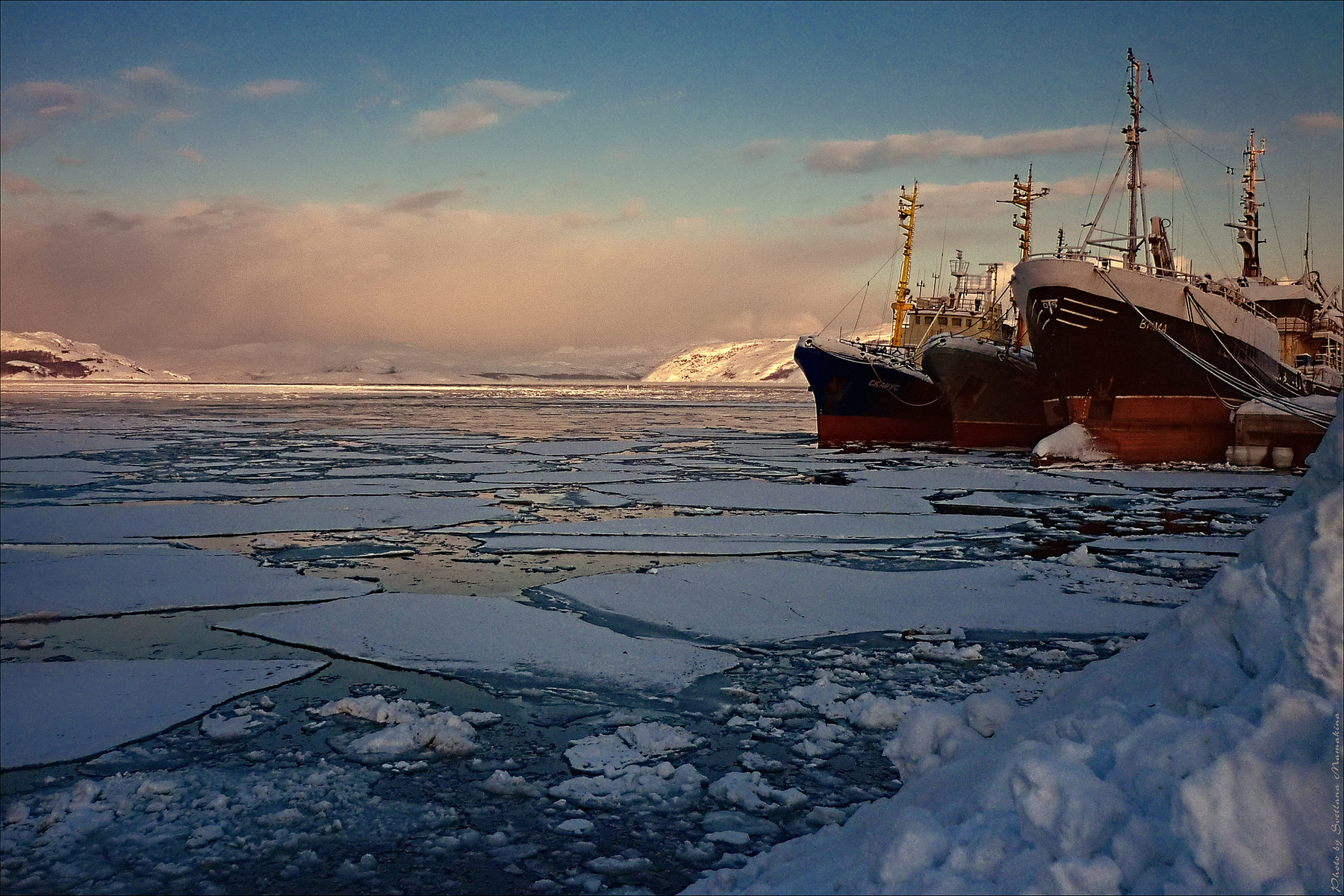 В ледяной гавани незамерзающего Баренцевого моря фотография путешествие Норвегия Киркенес порт гавань лед Баренцево море Север Заполярье зима февраль Светлана Мамакина Lihgra Adventure "Снежный Лев" фоторабота фото снимок фотокартина разное другое фотосайт Европа