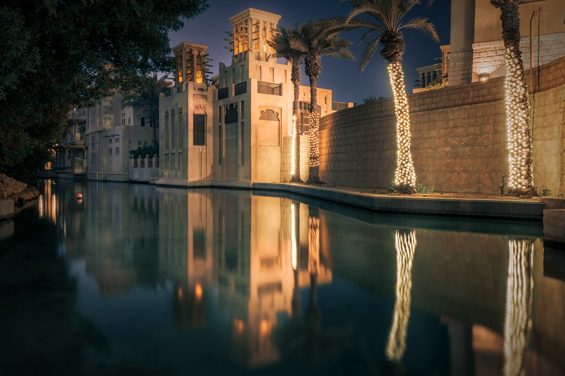 Souk Madinat Jumeirah Channel jumeirah night dubai water channel lights landscape cityscape scenery travel outdoors uae chizh palms