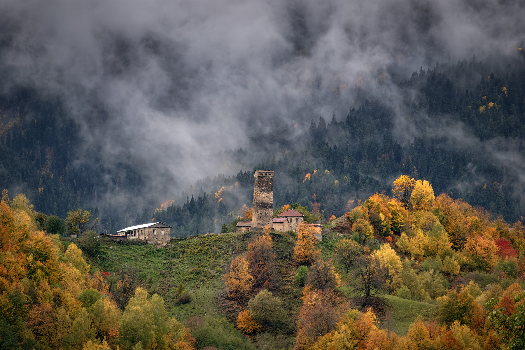 Leaning Tower svaneti zegani village tower mountains autumn fall forest nature high landscape scenery travel outdoors georgia sakartvelo caucasus chizh