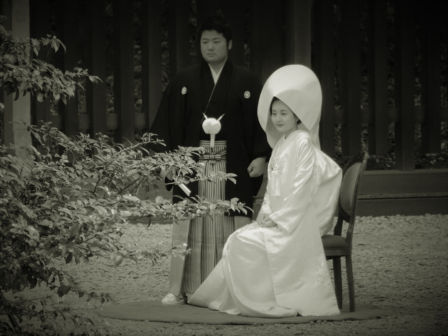 Молодожены храм Meiji jingu Токио Токио Япония свадьба фотосессия японская невеста кимоно сиромуку жених хакама храм Meiji jingu синто