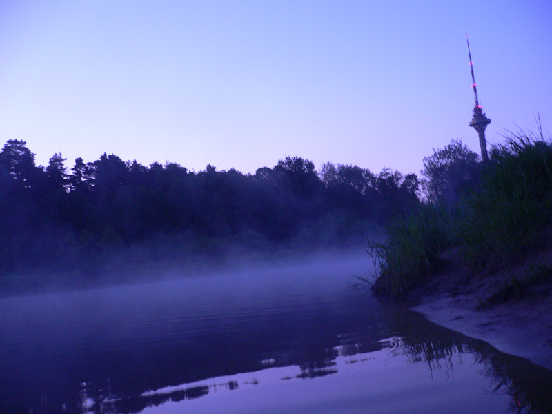 The Mysterious River.. Река, берег, туман, телебашня.