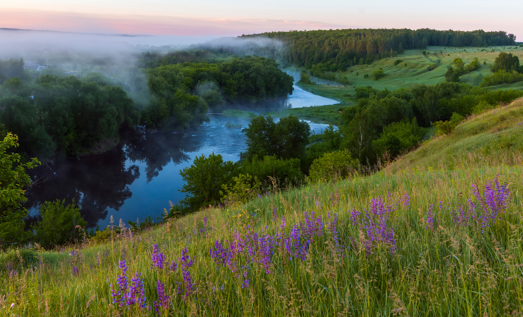 *** пейзаж туман село река рассвет