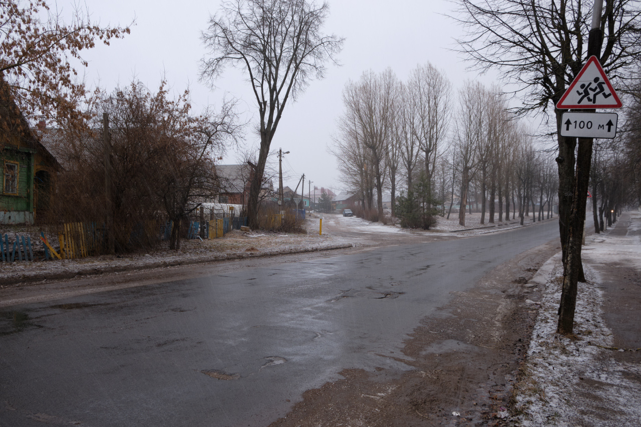 *** весна пасмурно снег дорога дома деревья
