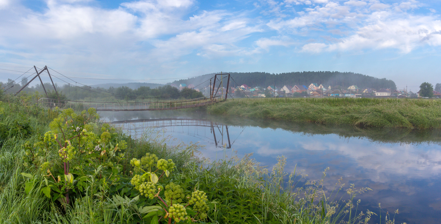 Летнее утро на реке Миасс. г. Миасс, Машгородок (панорама). Южный Урал Миасс Машгородок Природа Лето