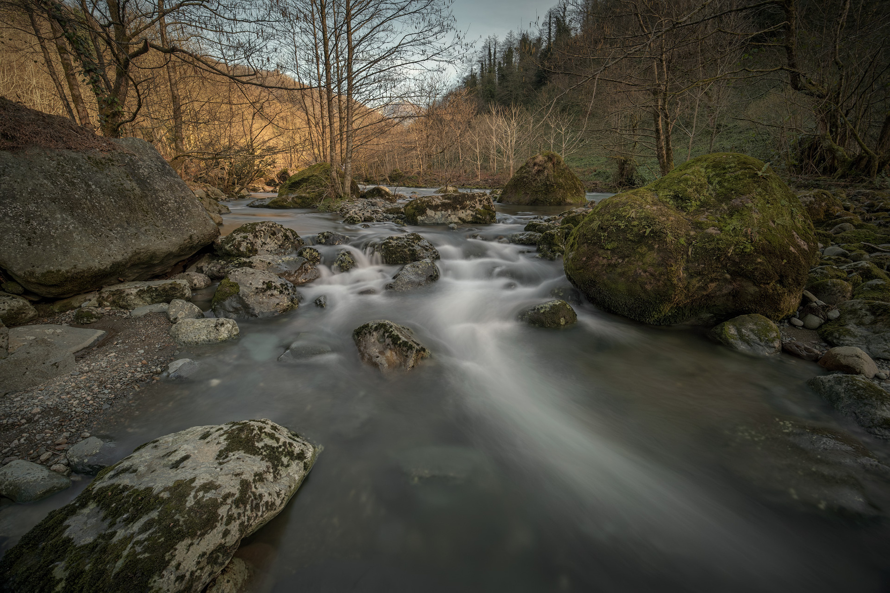 Stream Of Chakvistskali River river chakvistskali water stream stones trees february winter landscape scenery travel outdoors georgia adjara sakartvelo chizh longexpo
