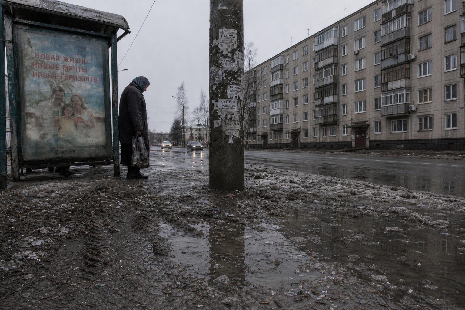 «Окраина, которой не вспомнить» жанр стрит городская среда окраина остановка ожидание дождь слякоть лужа панельный дом постсоветское социальная фотография