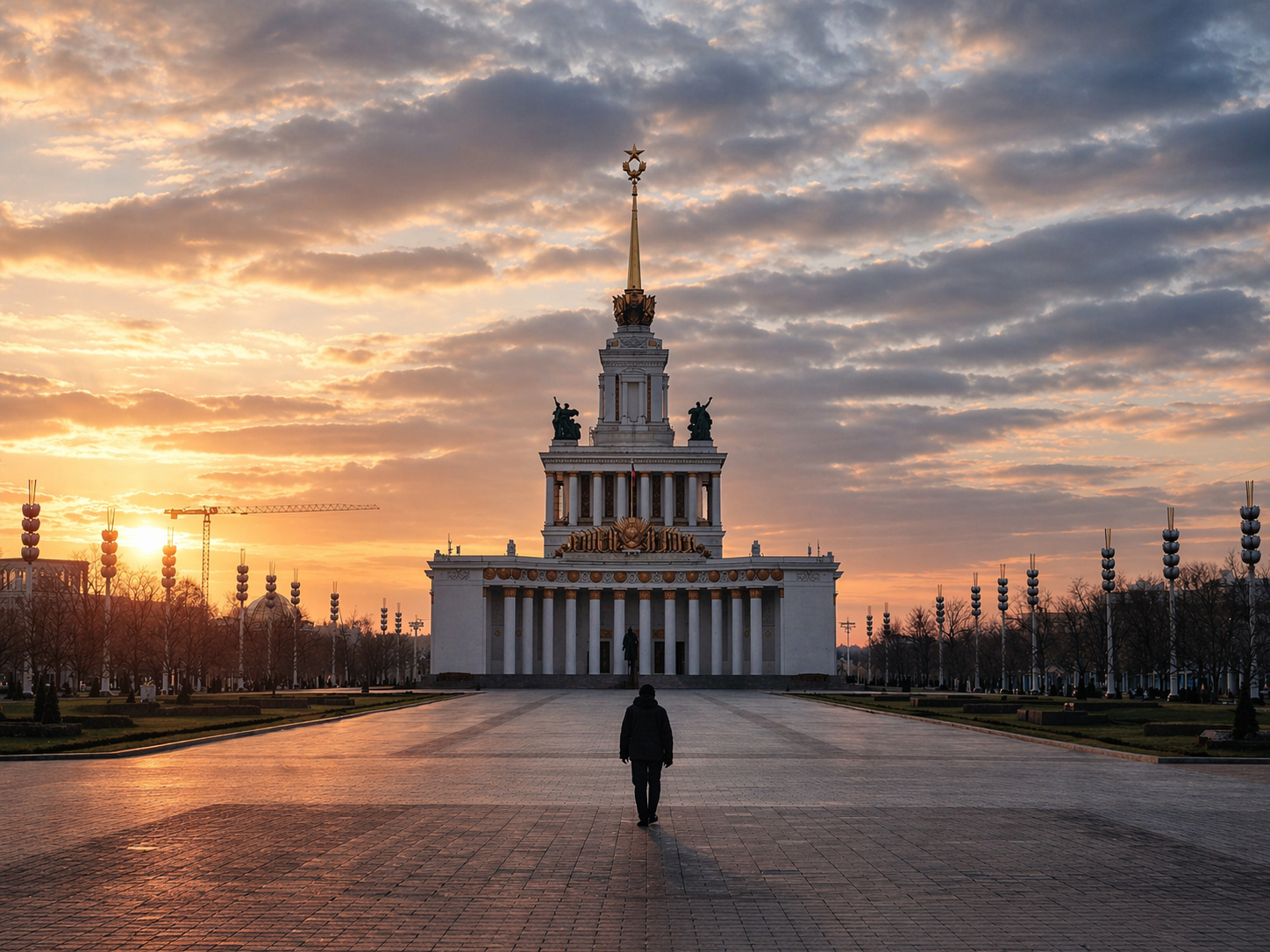 "Навстречу тени прошлого" ВДНХ Москва советская архитектура символика звезда монумент павильон закат вечерний свет человек в кадре силуэт тень одиночество
