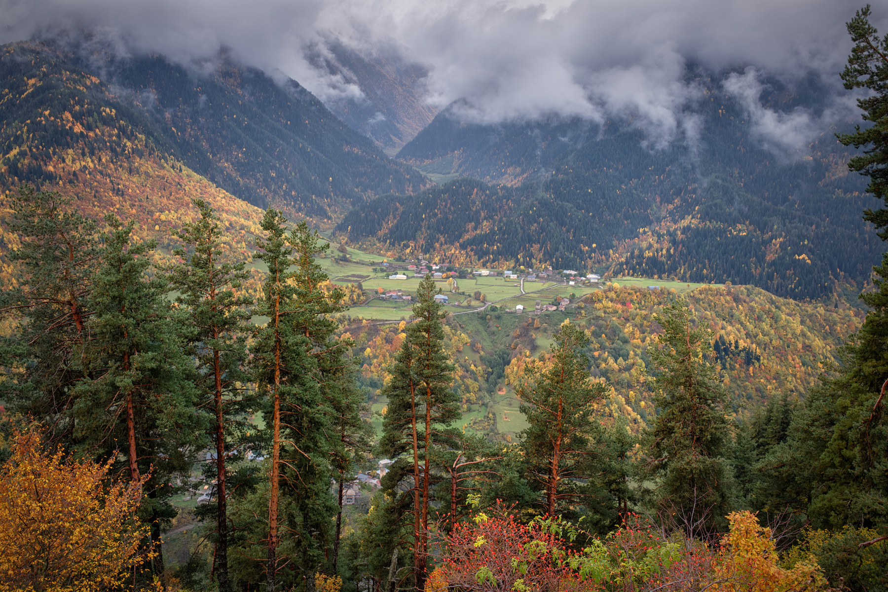 Zegani Village in October svaneti zegani village mountains autumn fall forest peaks snow high landscape scenery travel outdoors georgia sakartvelo caucasus chizh