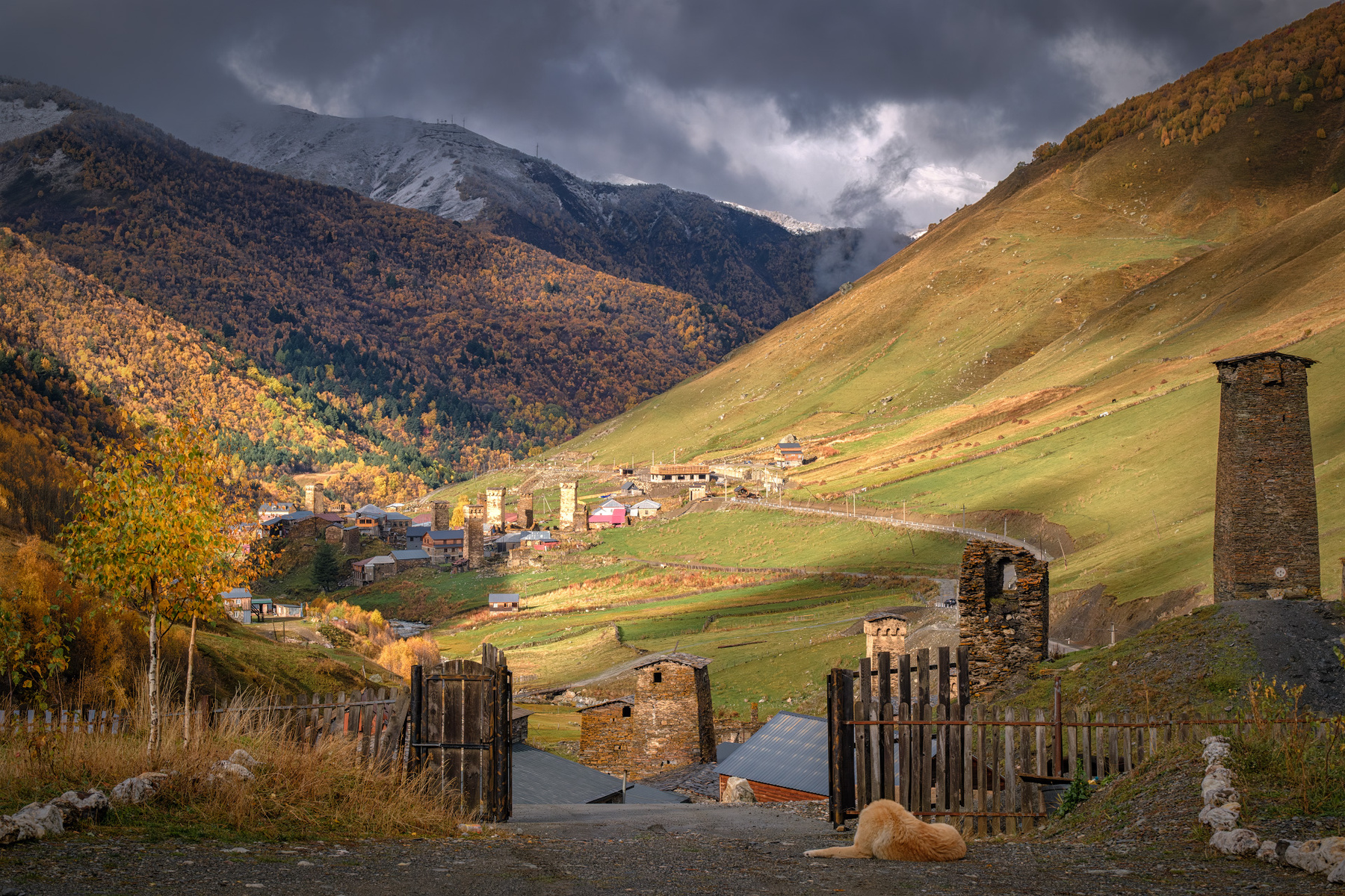 Autumn Ushguli Under Sun svaneti ushguli village ushgulivillage autumn fall tower fog river mountain landscape scenery travel outdoors georgia sakartvelo chizh