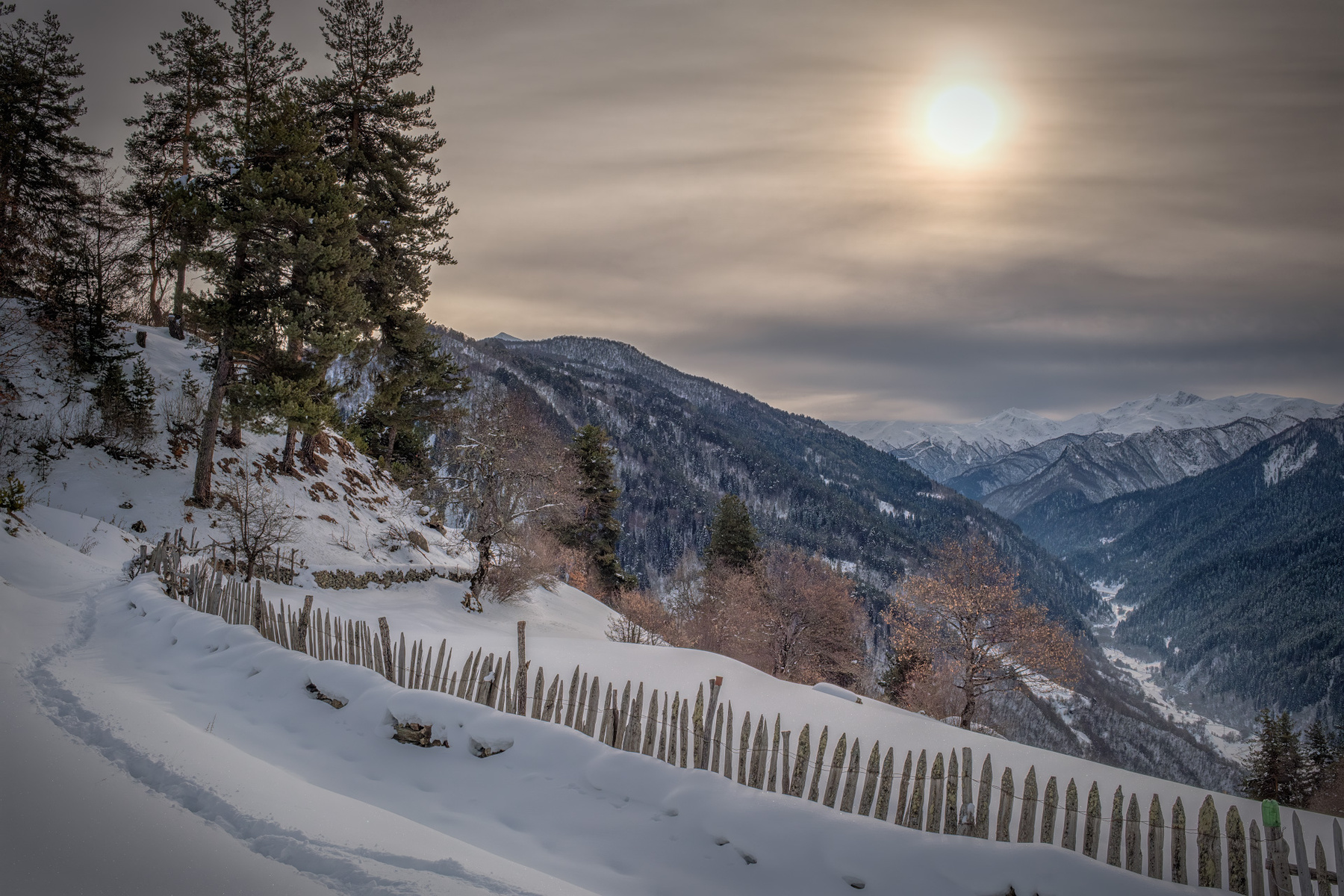 Cloudy Day In Svaneti svaneti mountains snow winter trees sky cloudy sun fence path january nature high landscape scenery travel outdoors georgia sakartvelo caucasus chizh