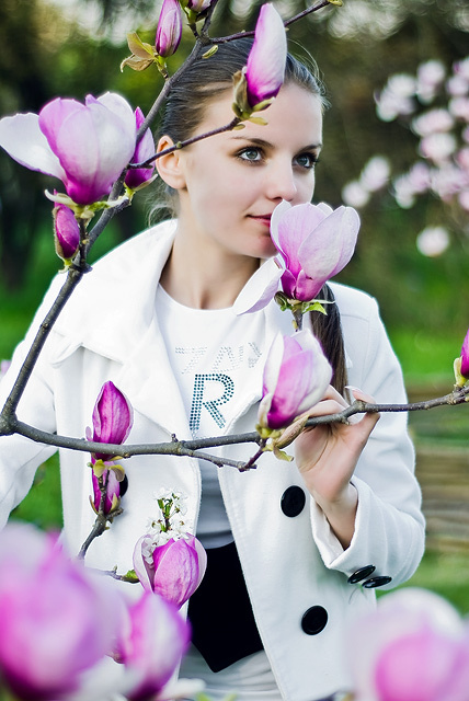leaves upon a flower flower girl woman beauty white leaves pink park sun 
