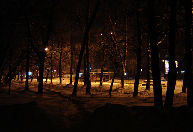 Тропинка к свету ночь, парк, дорога, огни, тропинка, зима