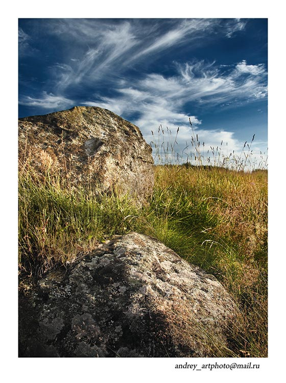 Пушкиногорье 4 камни, лес, небо, трава