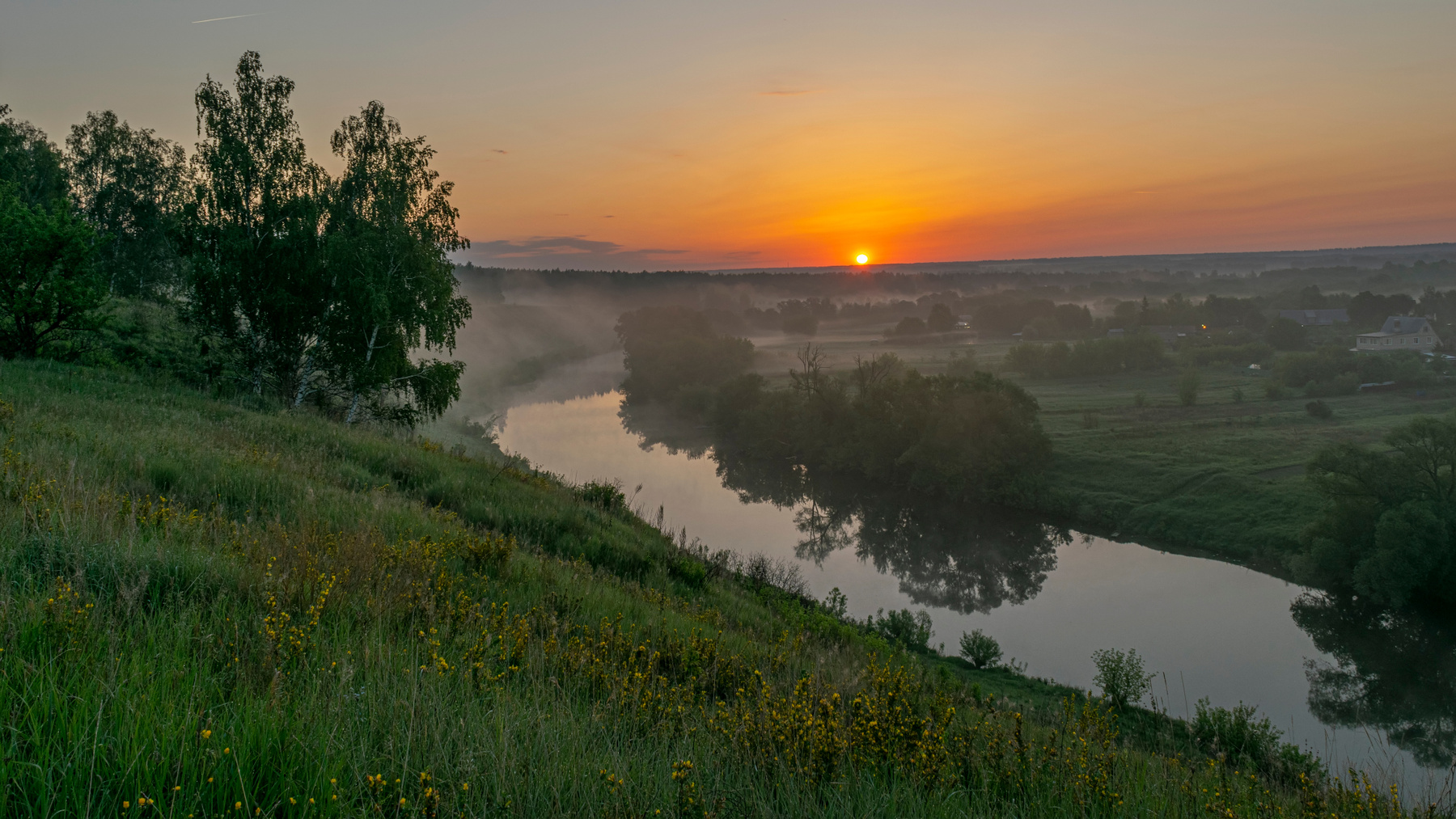 *** пейзаж восход туман река село