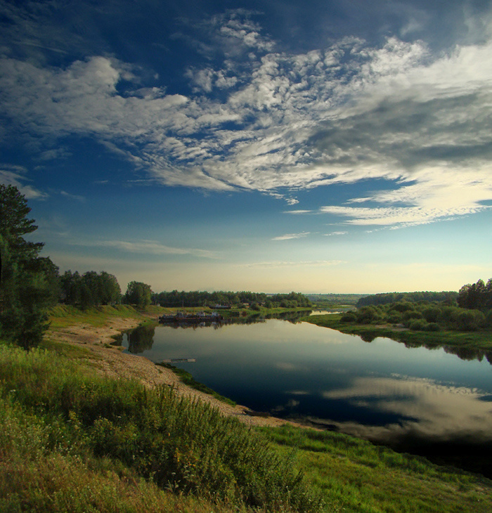 Вечерело ALBERTOZAVR, Нижегородская область, панорама, пейзаж, природа, лето, закат, вечер, небо, облака, берег, река, водоем, отражение, 