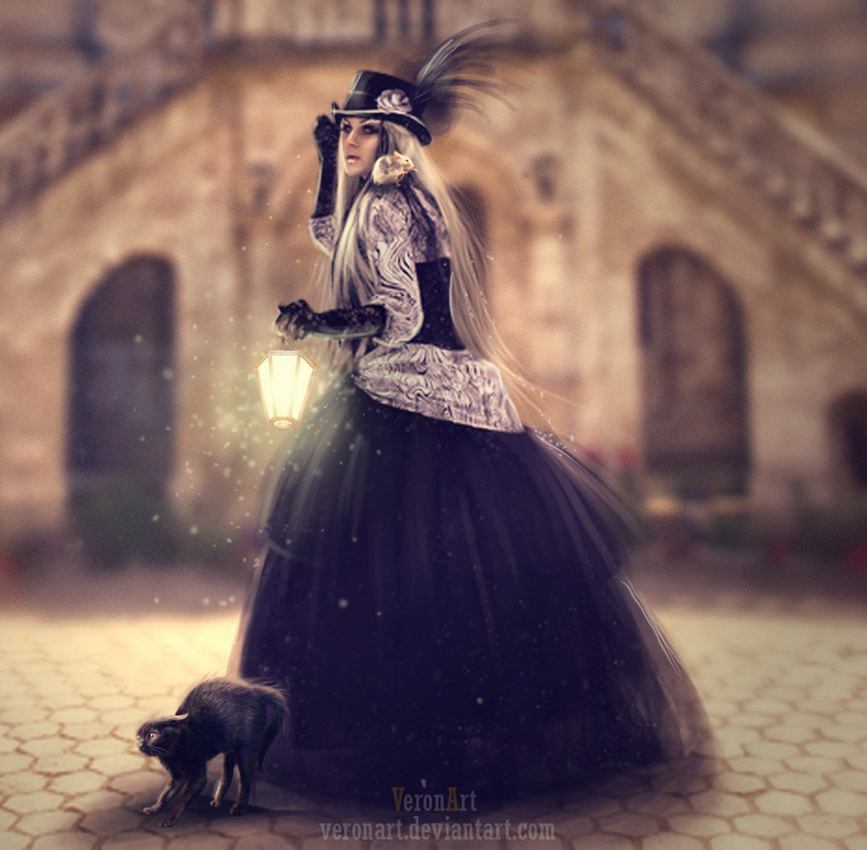 Evening fairy tale 	готика девушка сказки кошка фонарь ночь пышное платье альтернативная модель эсфирь gothic fairy tale girl cat night light fluffy dress alternative model esfir