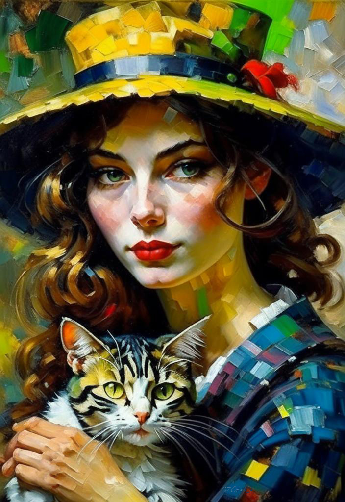 Девушка в шляпке и с кошкой девушка кошка